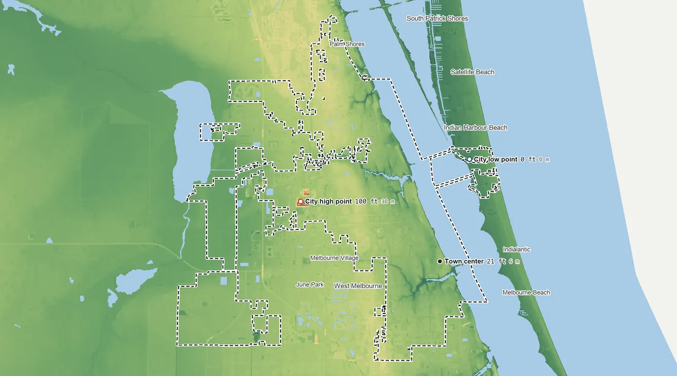 Topographic elevation map of Melbourne, Florida, shaded from sea level level on the Atlantic Ocean to 100 ft on the northwest side