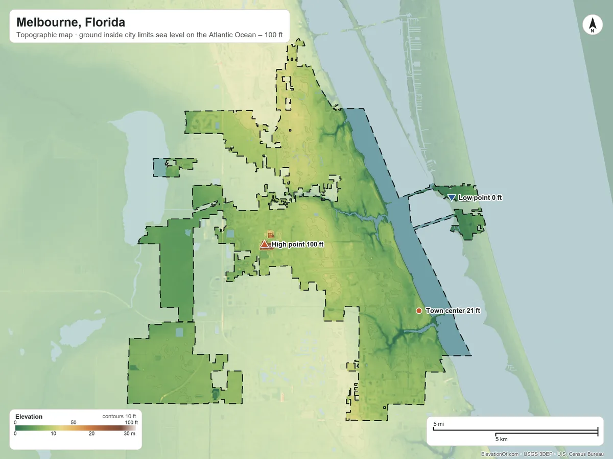Topographic elevation map of Melbourne, Florida, shaded from sea level level on the Atlantic Ocean to 100 ft on the northwest side