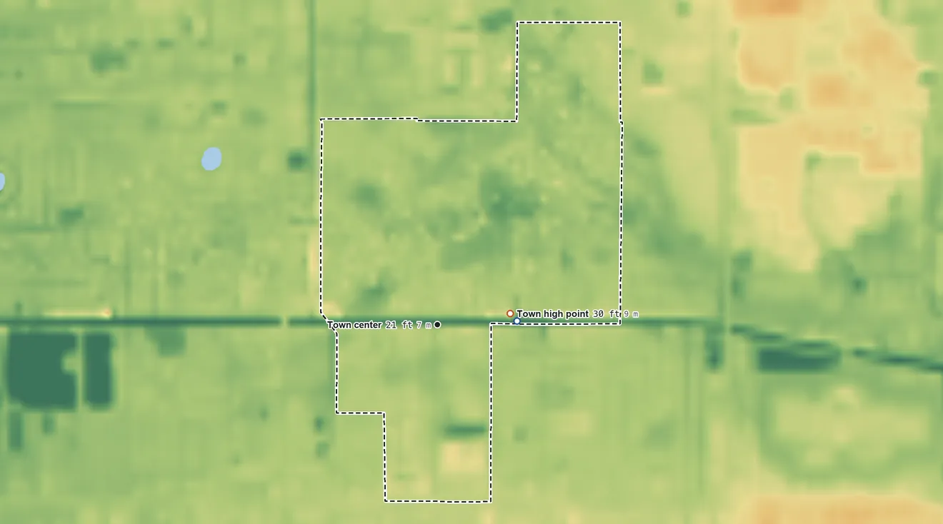 Topographic elevation map of Melbourne Village, Florida, shaded from 17 ft on the east side to 30 ft on the east side