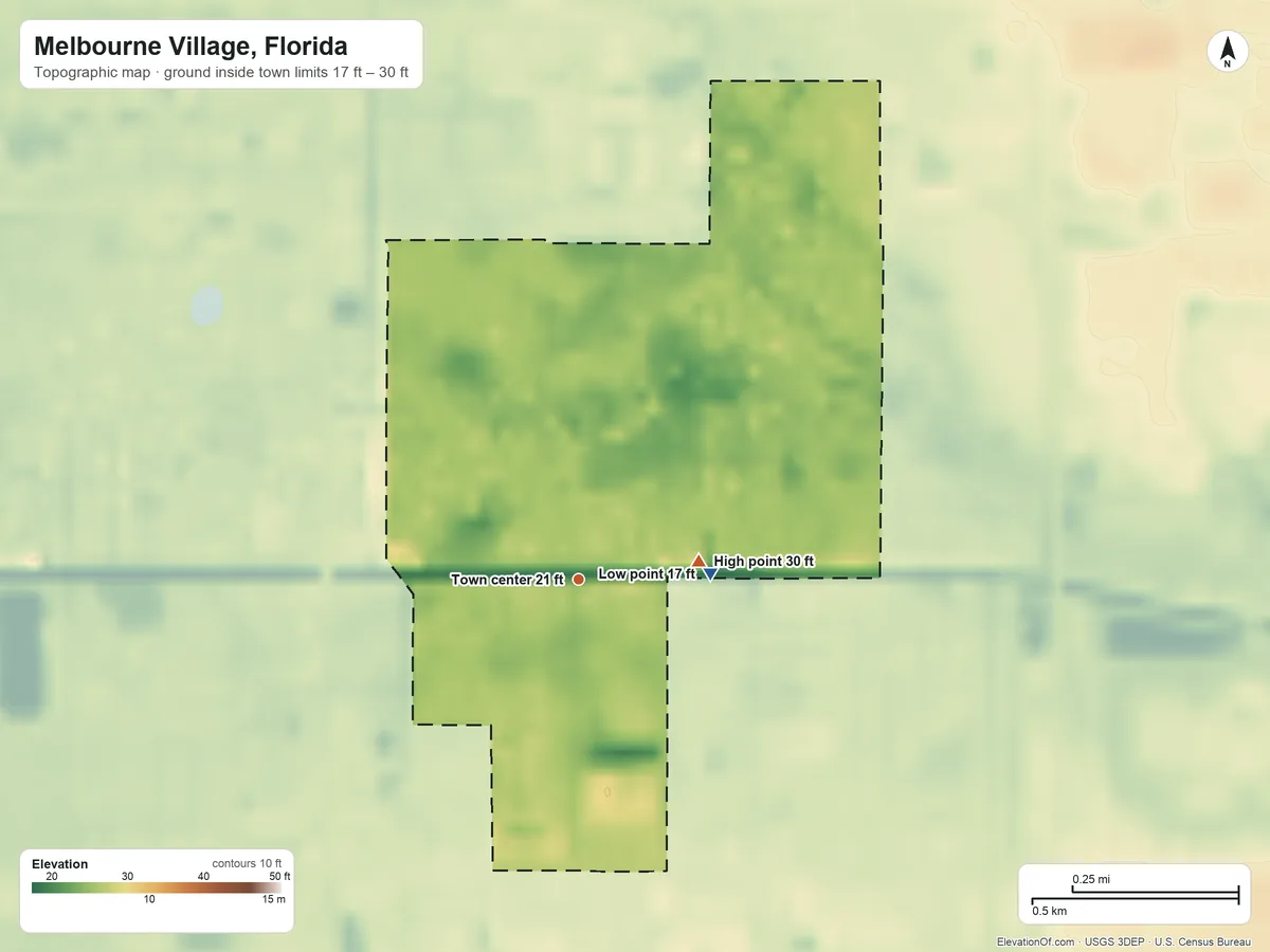 Topographic elevation map of Melbourne Village, Florida, shaded from 17 ft on the east side to 30 ft on the east side