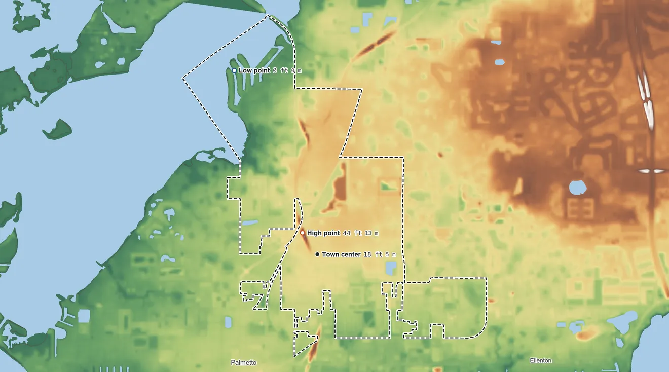 Topographic elevation map of Memphis, Florida, shaded from sea level level on Terra Ceia Bay to 44 ft near the middle