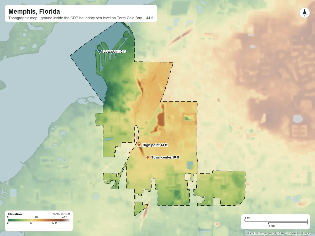 Topographic elevation map of Memphis, Florida, shaded from sea level level on Terra Ceia Bay to 44 ft near the middle