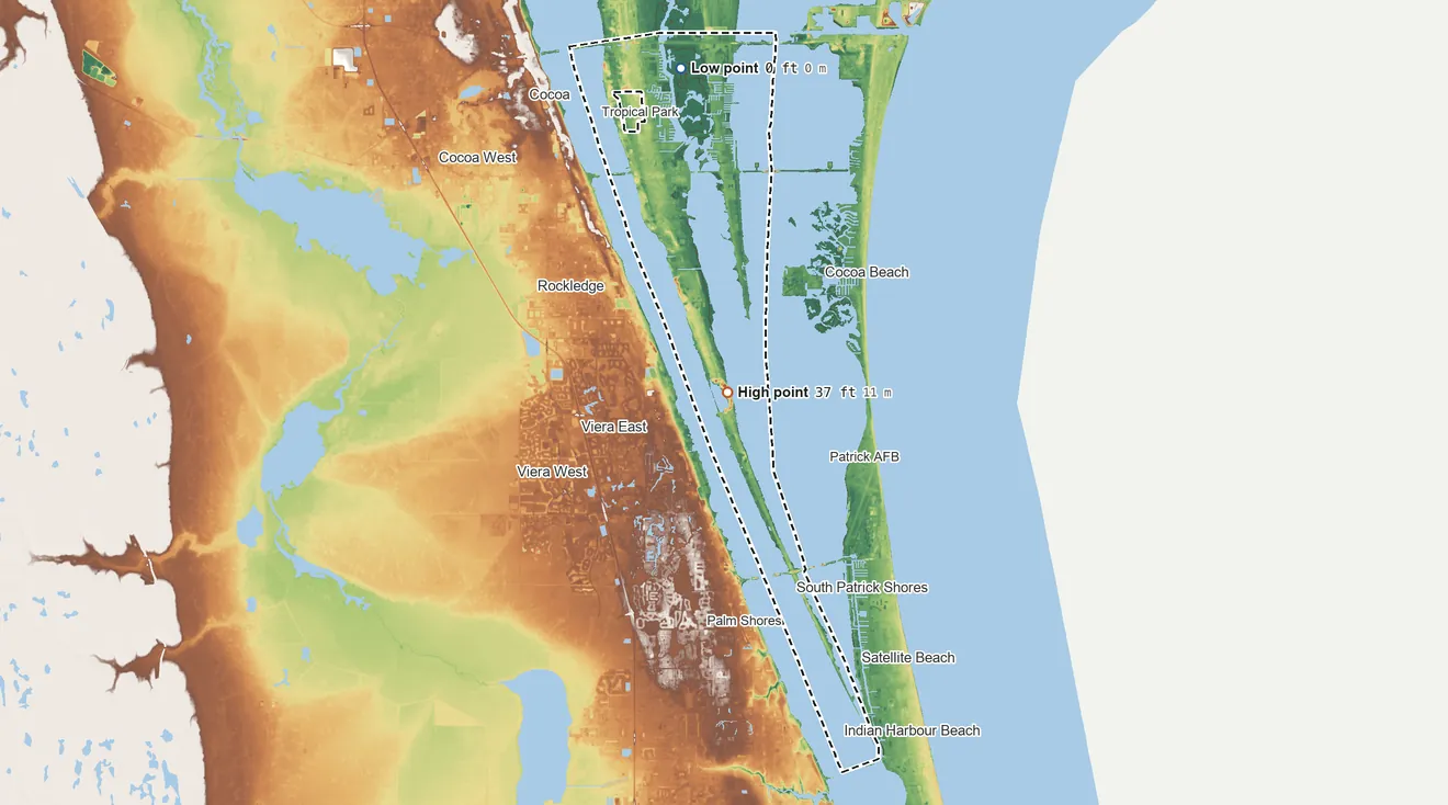 Topographic elevation map of Merritt Island, Florida, shaded from sea level level on Barge Canal to 37 ft on Honeymoon Hill