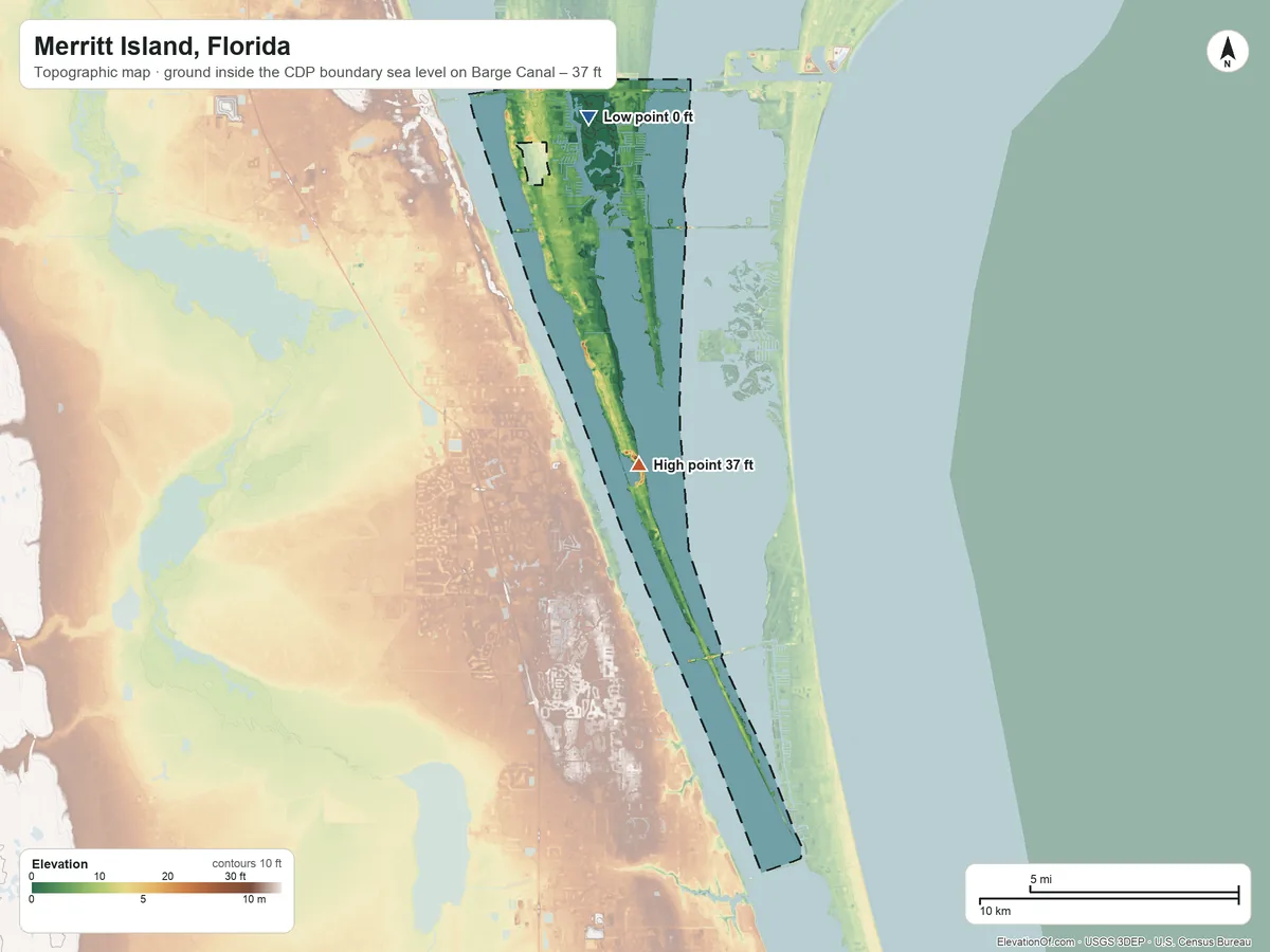 Topographic elevation map of Merritt Island, Florida, shaded from sea level level on Barge Canal to 37 ft on Honeymoon Hill