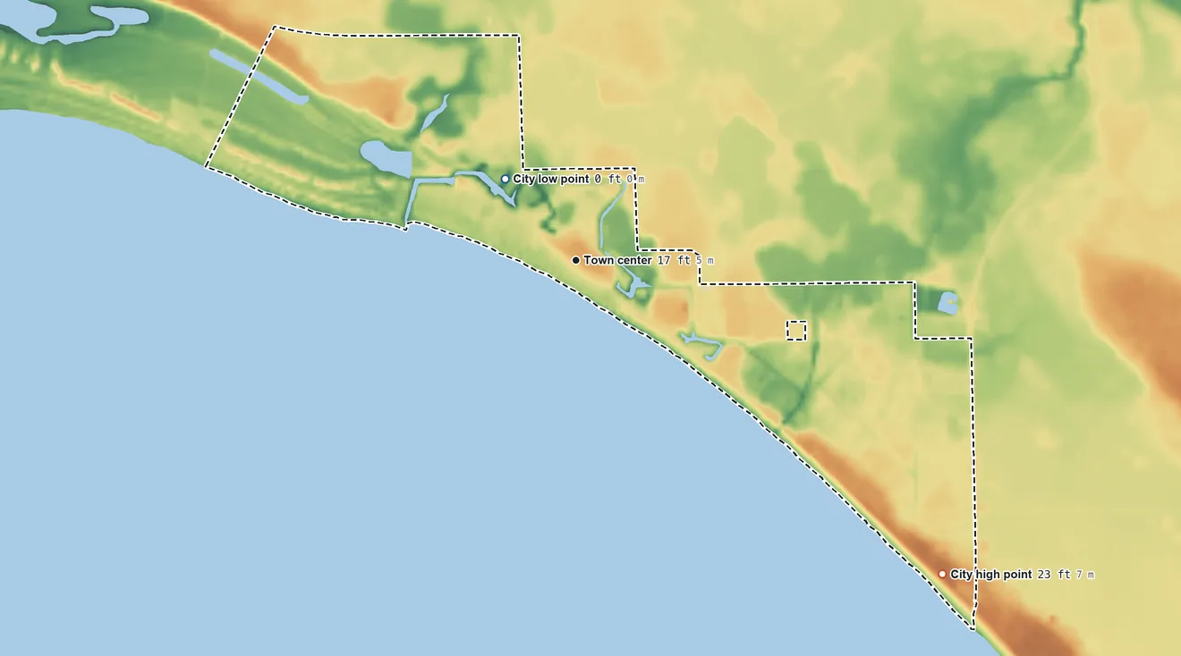 Topographic elevation map of Mexico Beach, Florida, shaded from sea level level on the Gulf of America to 23 ft on the southeast side