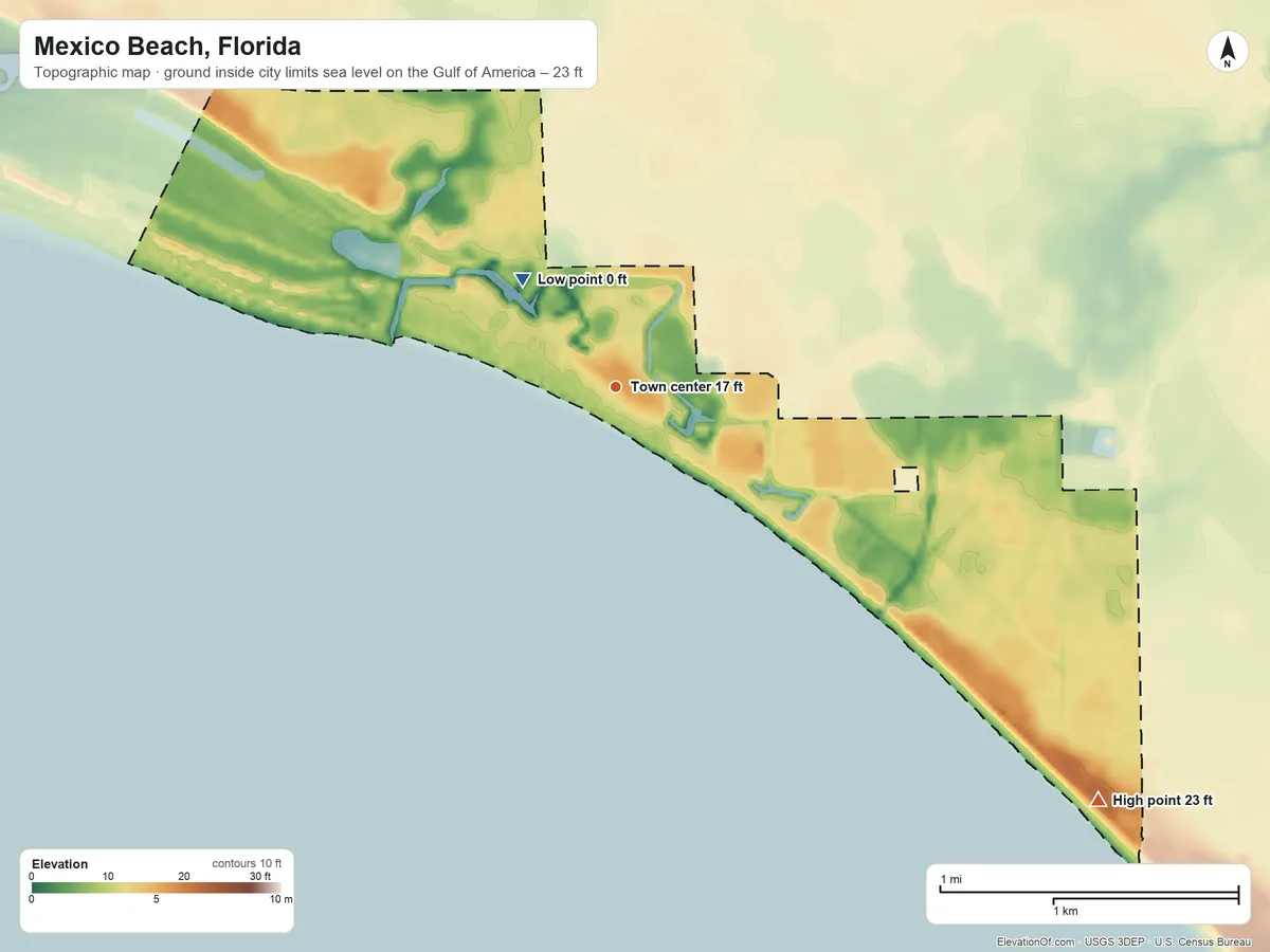 Topographic elevation map of Mexico Beach, Florida, shaded from sea level level on the Gulf of America to 23 ft on the southeast side