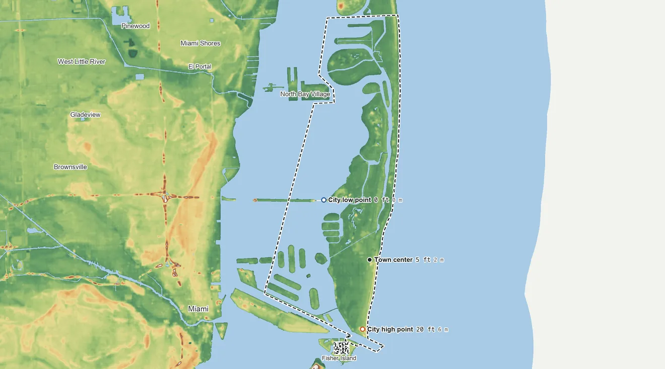 Topographic elevation map of Miami Beach, Florida, shaded from sea level level on Biscayne Bay to 20 ft on the south side
