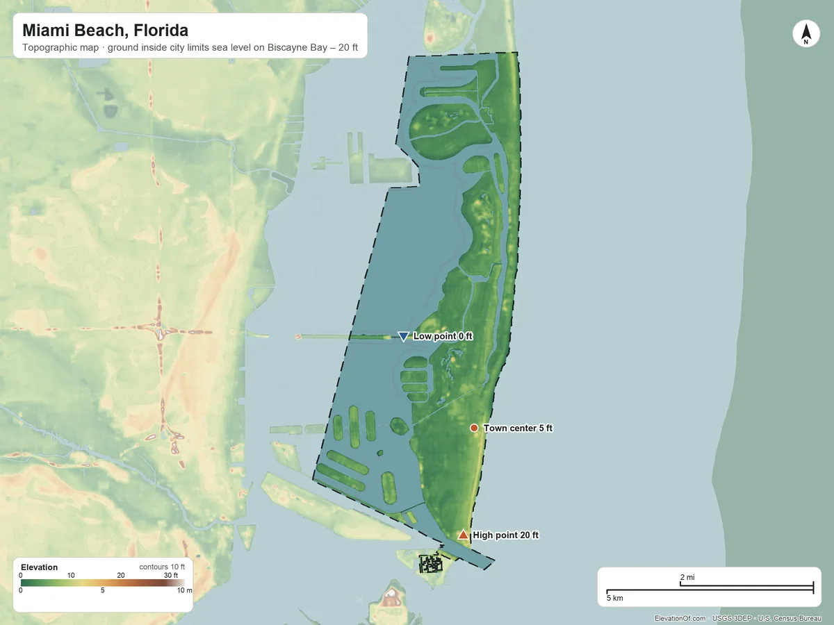 Topographic elevation map of Miami Beach, Florida, shaded from sea level level on Biscayne Bay to 20 ft on the south side