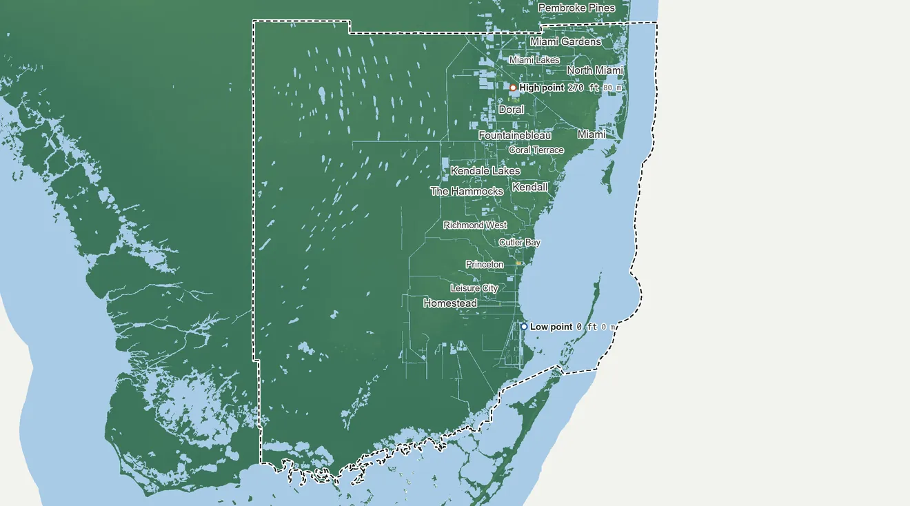 Topographic elevation map of Miami-Dade County, Florida, shaded from sea level on Biscayne Bay to 270 ft on the north side