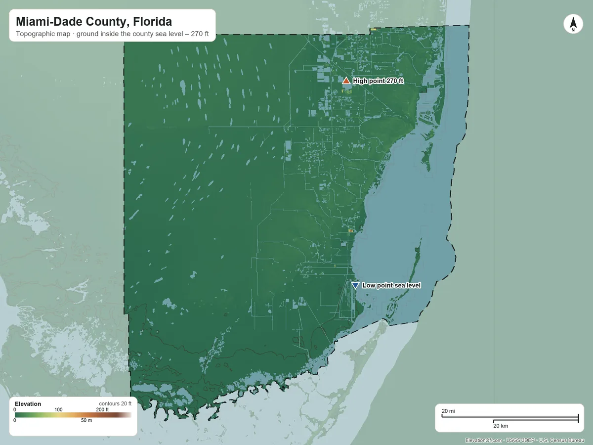 Topographic elevation map of Miami-Dade County, Florida, shaded from sea level on Biscayne Bay to 270 ft on the north side
