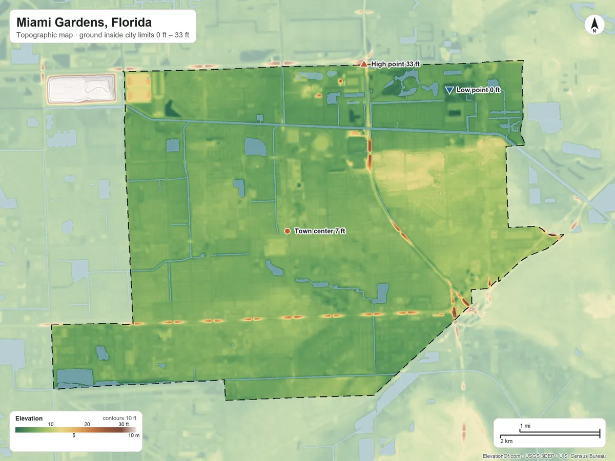 Topographic elevation map of Miami Gardens, Florida, shaded from 0 ft on the northeast side to 33 ft on the northeast side