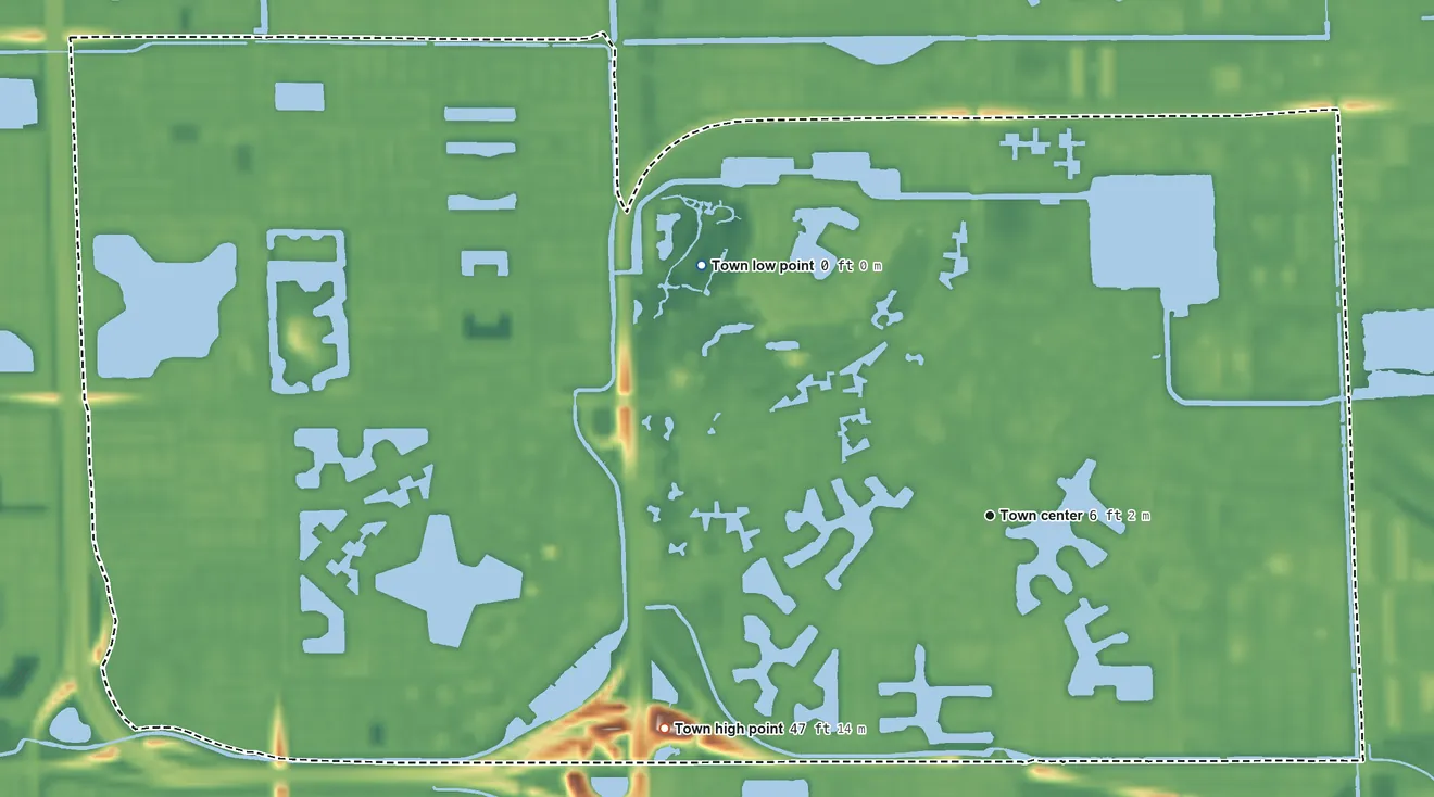 Topographic elevation map of Miami Lakes, Florida, shaded from 0 ft on the northwest side to 47 ft on the southwest side