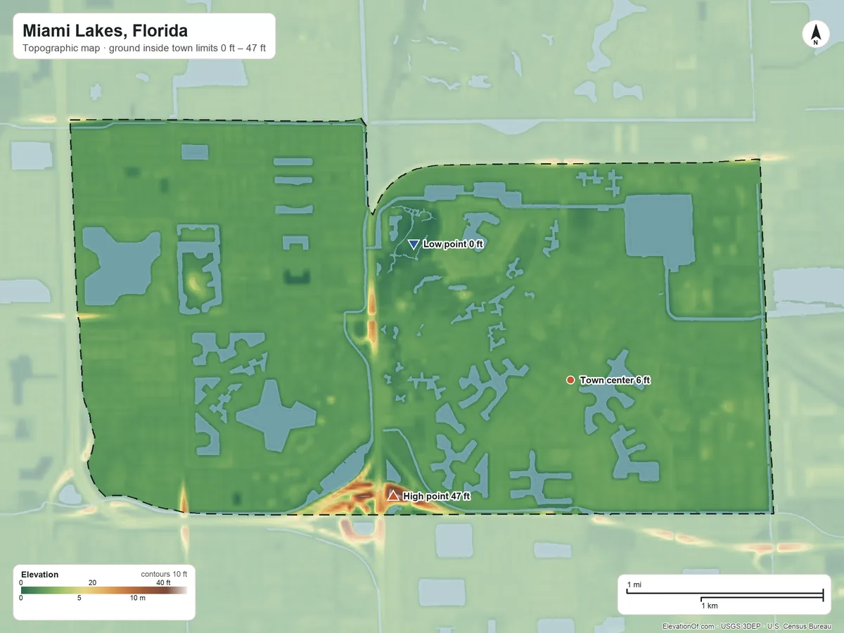Topographic elevation map of Miami Lakes, Florida, shaded from 0 ft on the northwest side to 47 ft on the southwest side