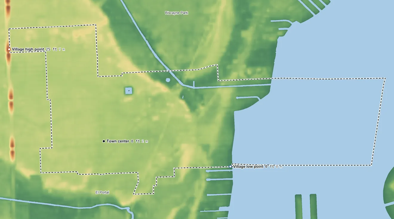 Topographic elevation map of Miami Shores, Florida, shaded from sea level level on Biscayne Bay to 25 ft on the northwest side