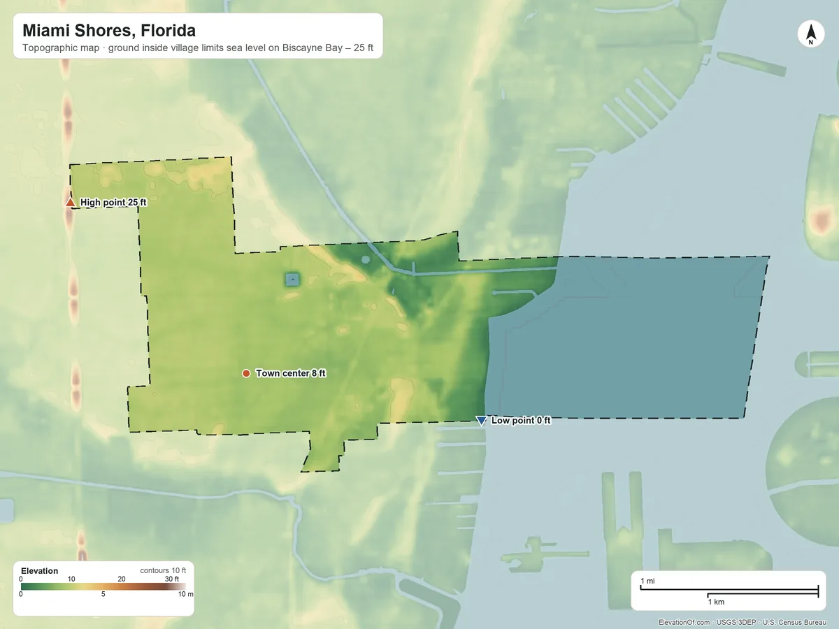 Topographic elevation map of Miami Shores, Florida, shaded from sea level level on Biscayne Bay to 25 ft on the northwest side