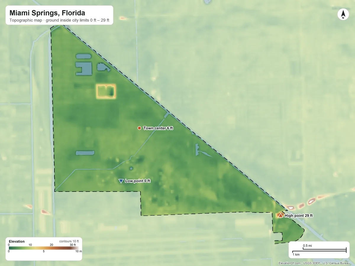 Topographic elevation map of Miami Springs, Florida, shaded from 0 ft on the south side to 29 ft on the southeast side