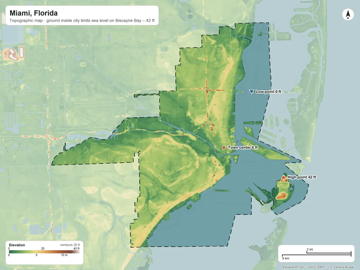 Topographic elevation map of Miami, Florida, shaded from sea level level on Biscayne Bay to 42 ft on the southeast side