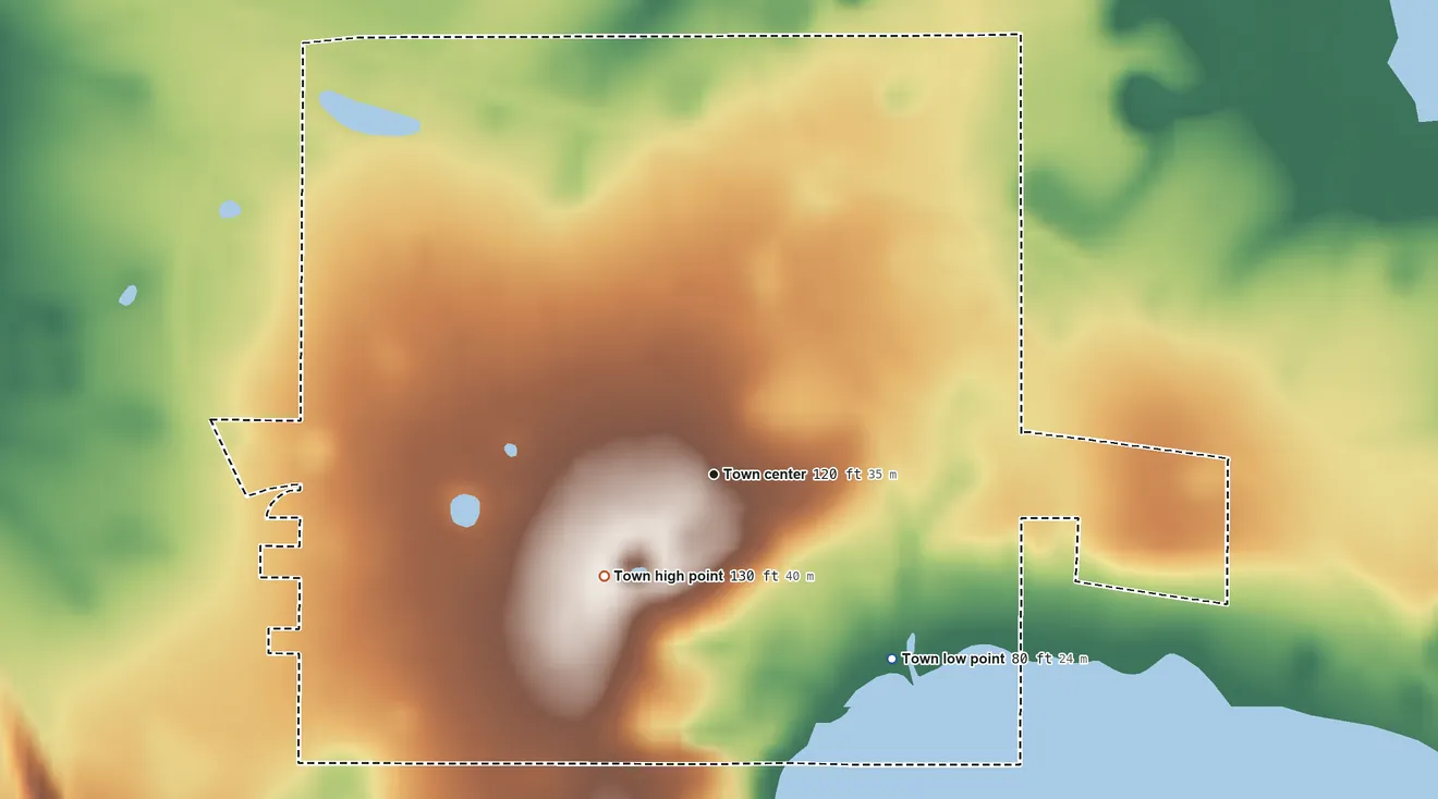 Topographic elevation map of Micanopy, Florida, shaded from 80 ft on the southeast side to 130 ft on the southwest side