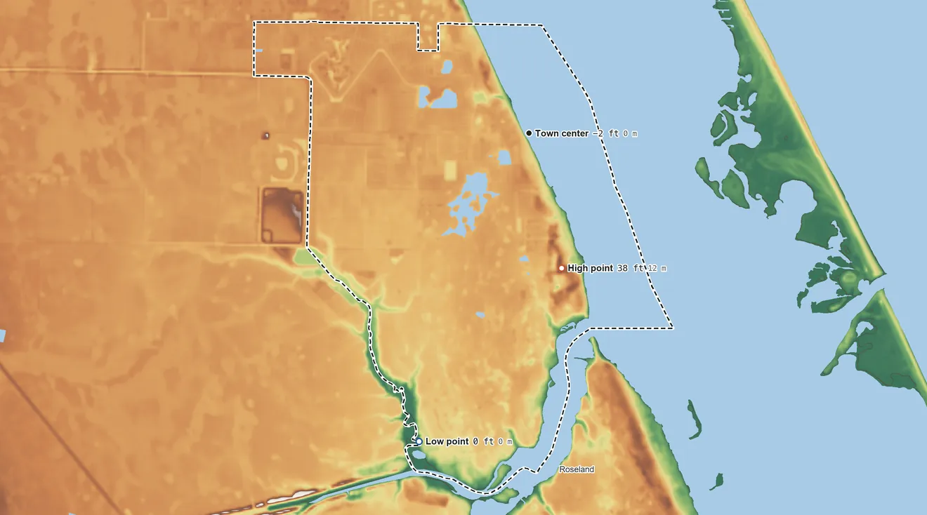 Topographic elevation map of Micco, Florida, shaded from 0 ft on the south side to 38 ft on the south side