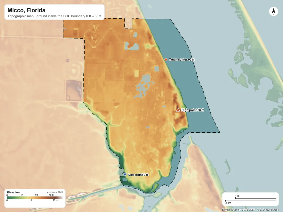 Topographic elevation map of Micco, Florida, shaded from 0 ft on the south side to 38 ft on the south side