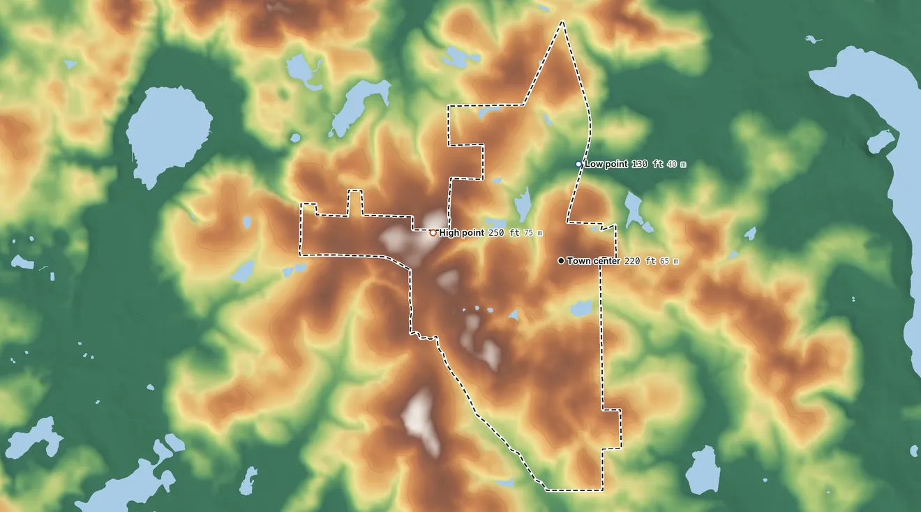 Topographic elevation map of Miccosukee, Florida, shaded from 130 ft on the north side to 250 ft on the west side