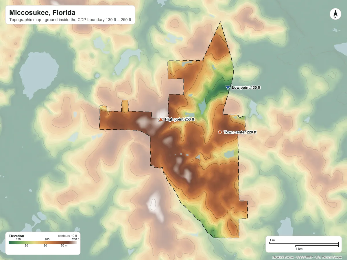 Topographic elevation map of Miccosukee, Florida, shaded from 130 ft on the north side to 250 ft on the west side