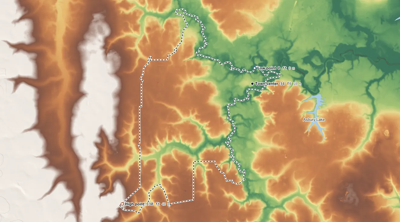 Topographic elevation map of Middleburg, Florida, shaded from 0 ft near the middle to 130 ft on the southwest side