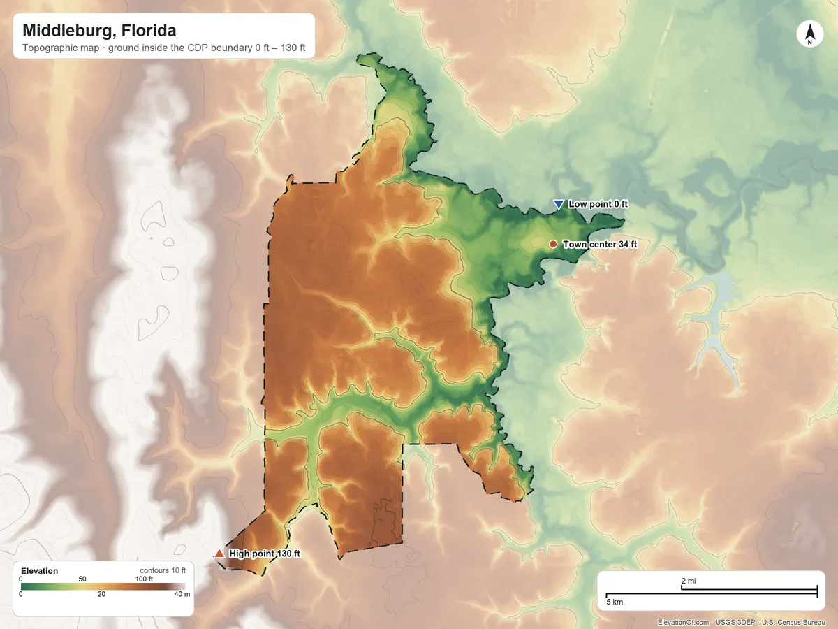Topographic elevation map of Middleburg, Florida, shaded from 0 ft near the middle to 130 ft on the southwest side