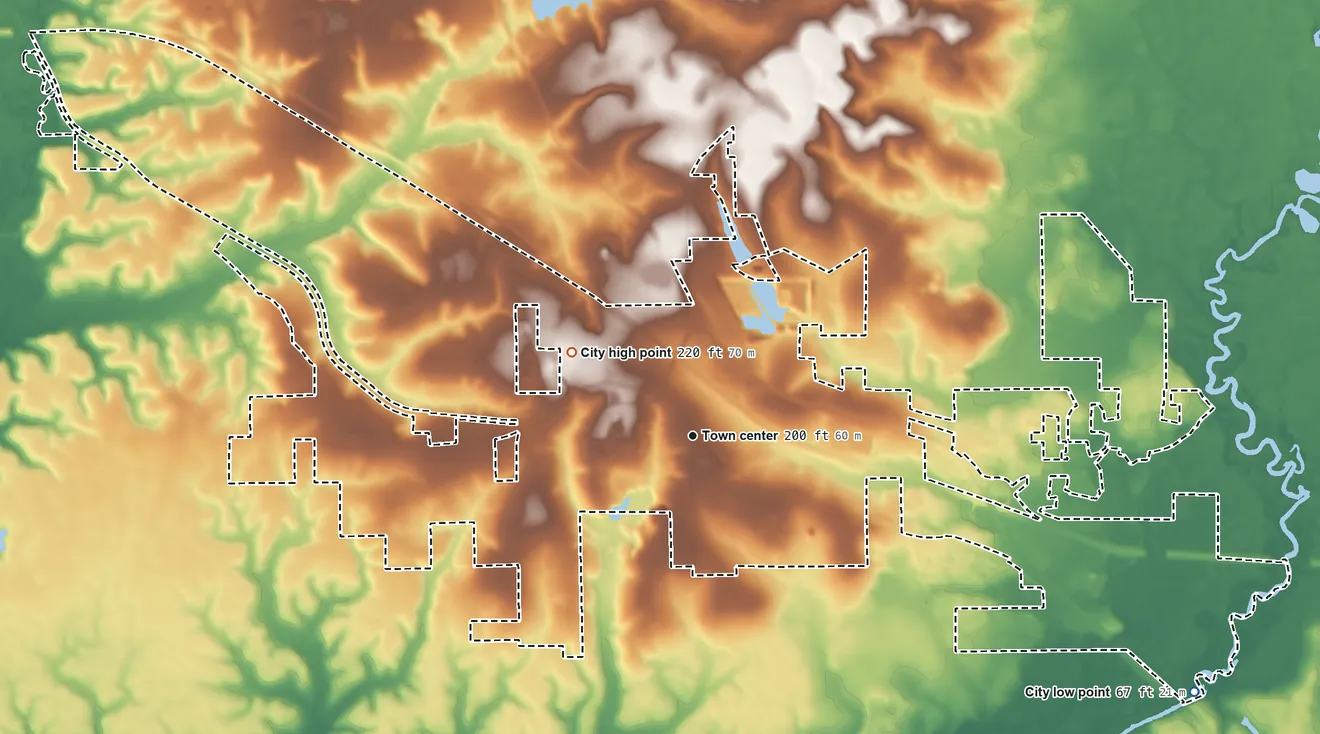 Topographic elevation map of City of Midway, Florida, shaded from 67 ft on the southeast side to 220 ft on the northwest side