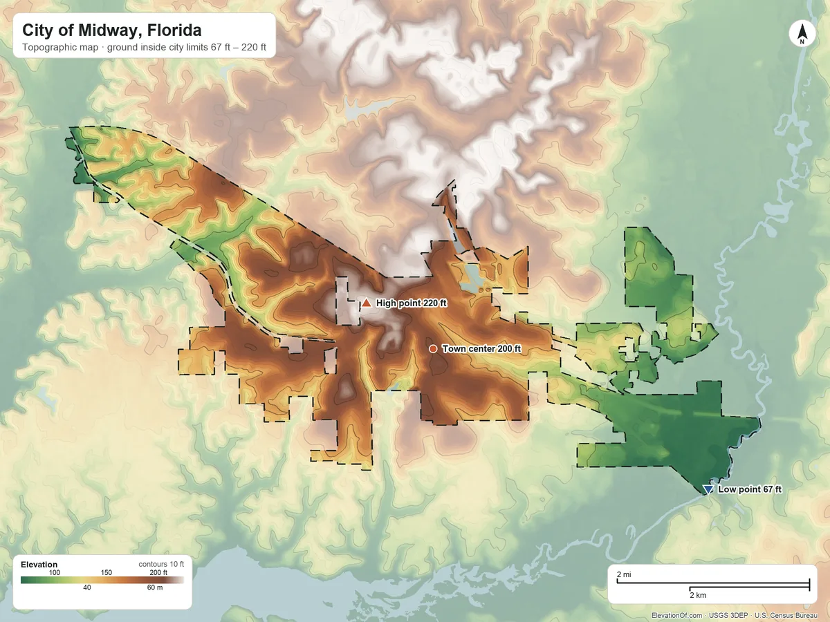 Topographic elevation map of City of Midway, Florida, shaded from 67 ft on the southeast side to 220 ft on the northwest side