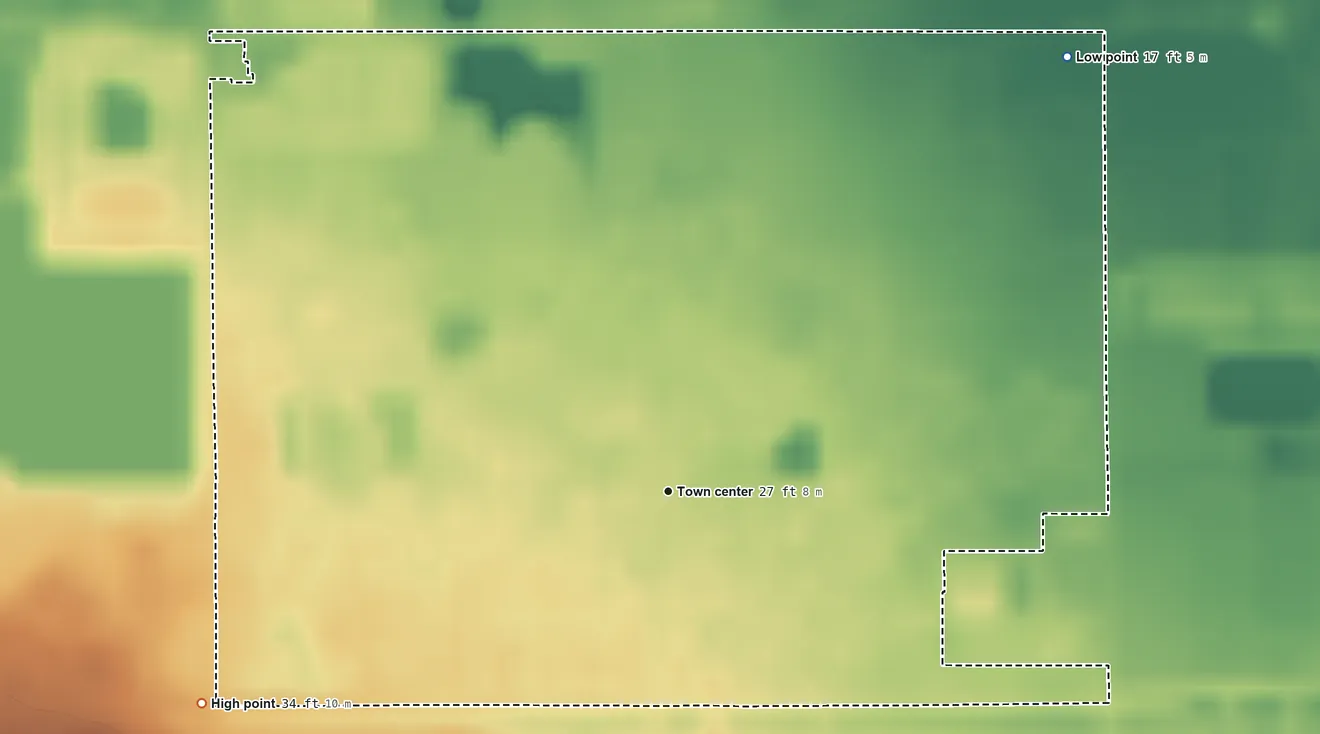 Topographic elevation map of Midway, Seminole County, Florida, shaded from 17 ft on the northeast side to 34 ft on the southwest side