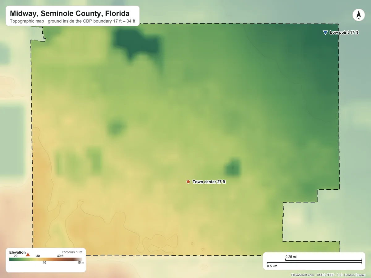 Topographic elevation map of Midway, Seminole County, Florida, shaded from 17 ft on the northeast side to 34 ft on the southwest side