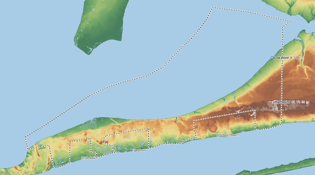 Topographic elevation map of Midway, Florida, shaded from sea level level on East Bay to 45 ft on the east side