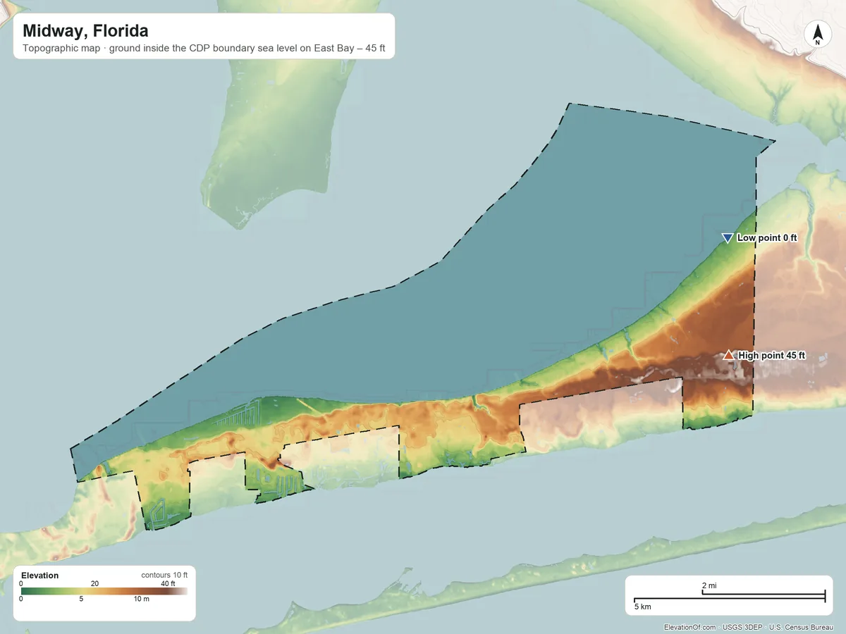 Topographic elevation map of Midway, Florida, shaded from sea level level on East Bay to 45 ft on the east side