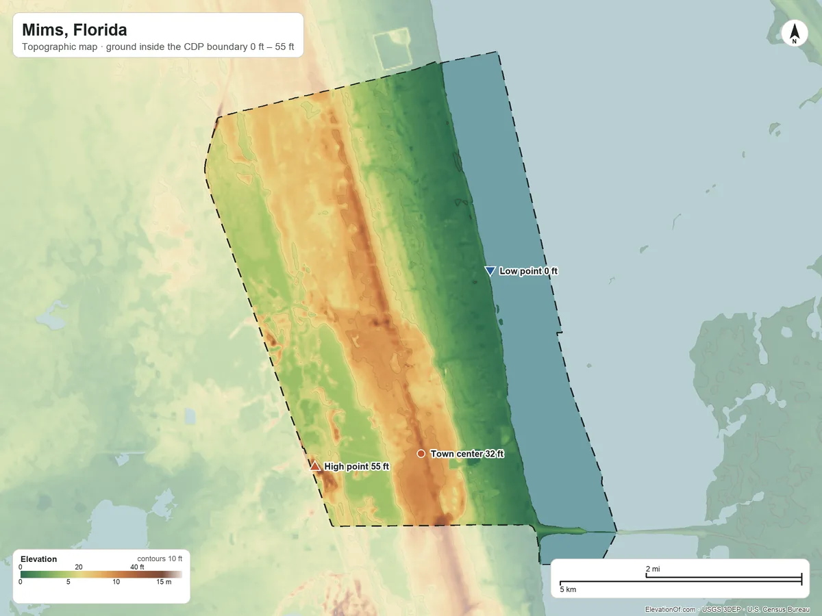 Topographic elevation map of Mims, Florida, shaded from 0 ft on the north side to 55 ft on the west side