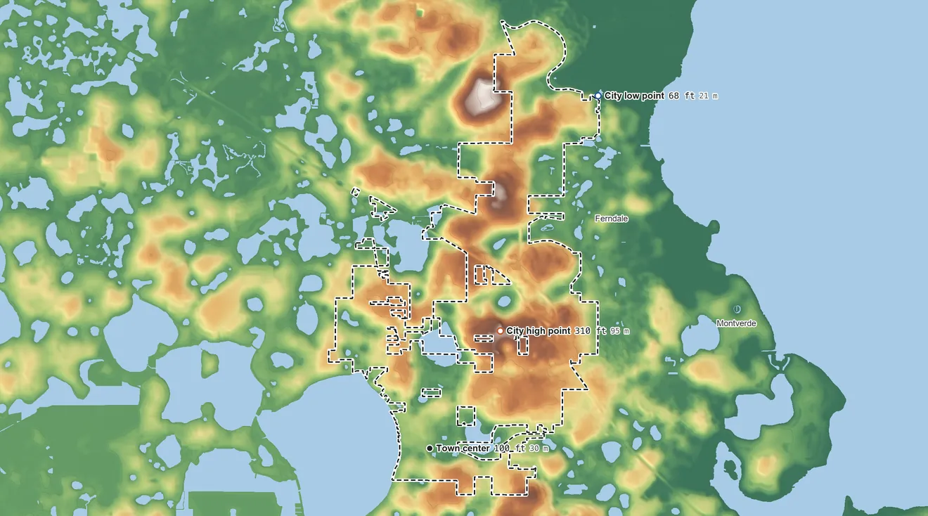 Topographic elevation map of Minneola, Florida, shaded from 68 ft on the northeast side to 310 ft on the northeast side