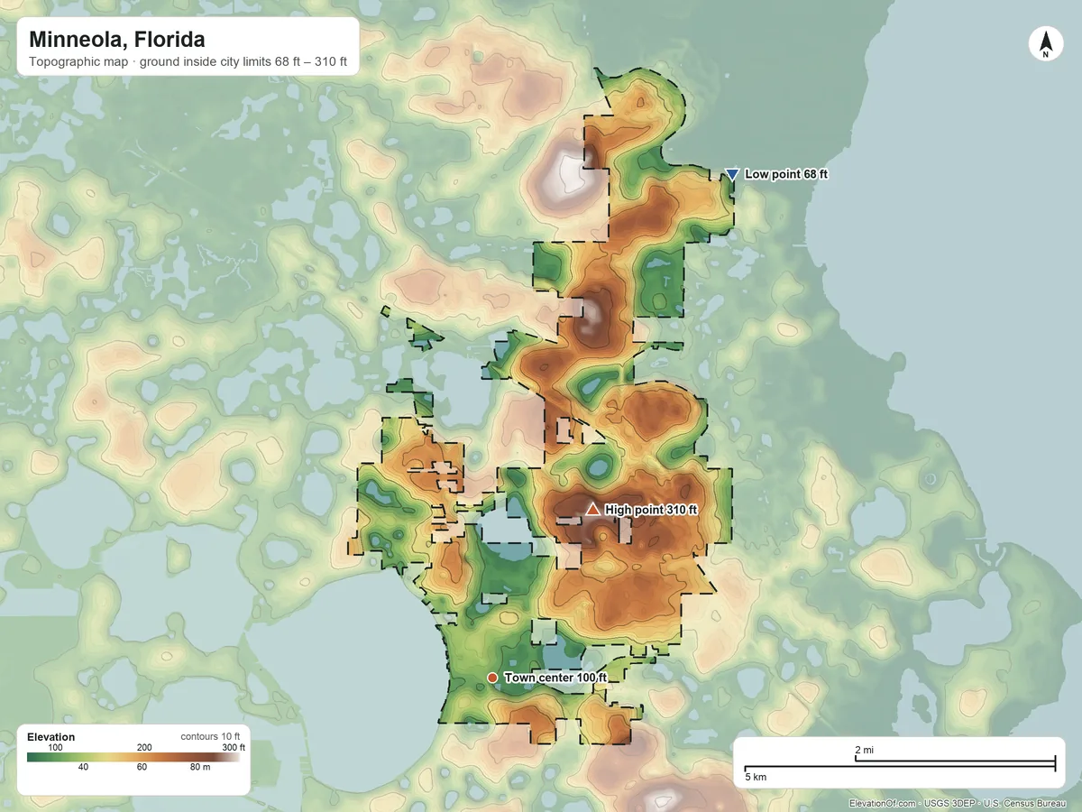 Topographic elevation map of Minneola, Florida, shaded from 68 ft on the northeast side to 310 ft on the northeast side