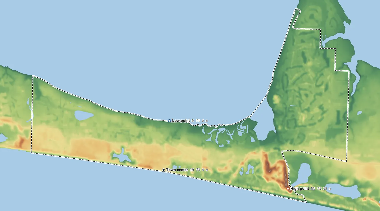 Topographic elevation map of Miramar Beach, Florida, shaded from sea level level on Choctawhatchee Bay to 51 ft on the east side