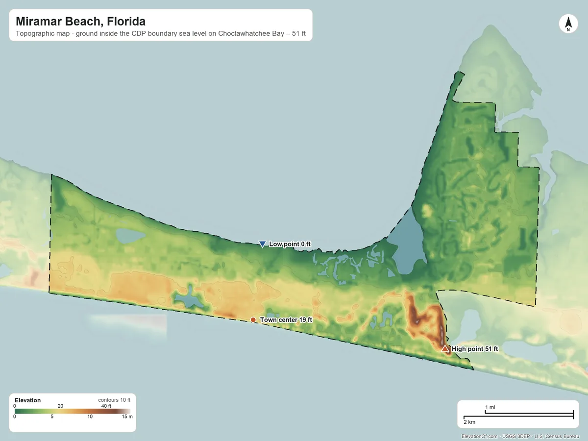 Topographic elevation map of Miramar Beach, Florida, shaded from sea level level on Choctawhatchee Bay to 51 ft on the east side