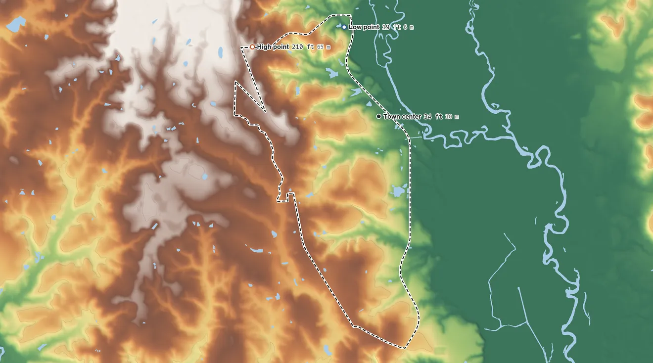 Topographic elevation map of Molino, Florida, shaded from 19 ft on the north side to 210 ft on the northwest side