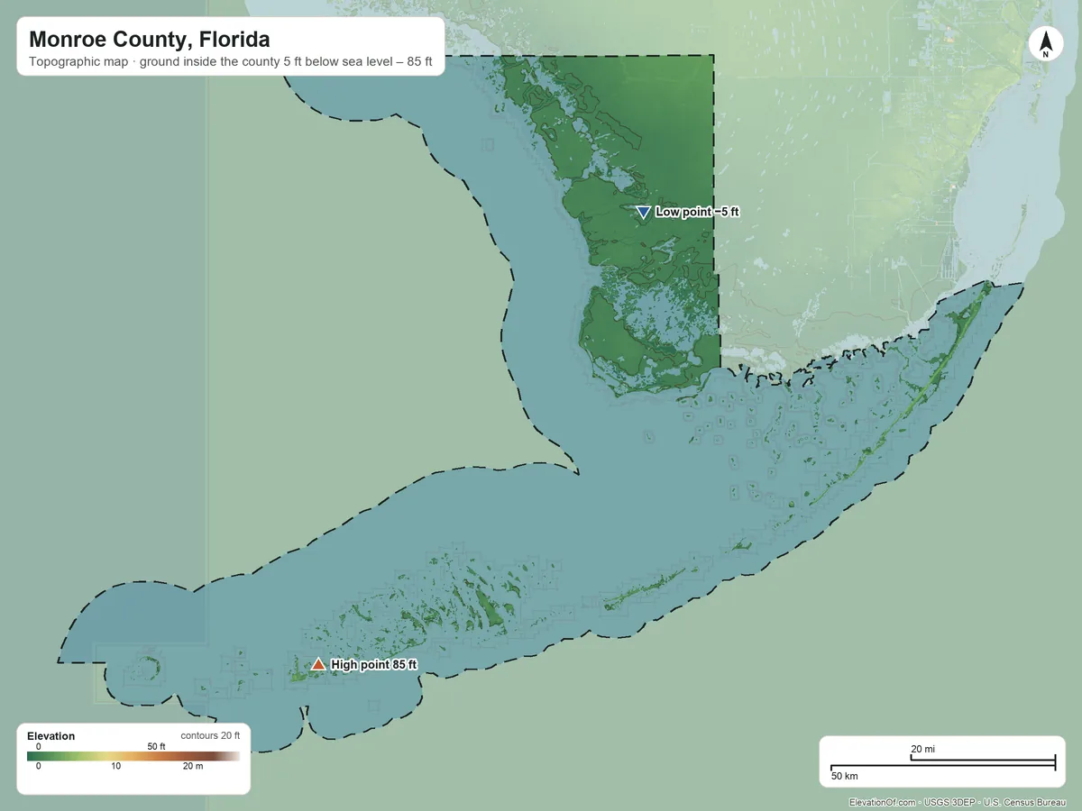 Topographic elevation map of Monroe County, Florida, shaded from 5 ft below sea level on the northeast side to 85 ft on the southwest side
