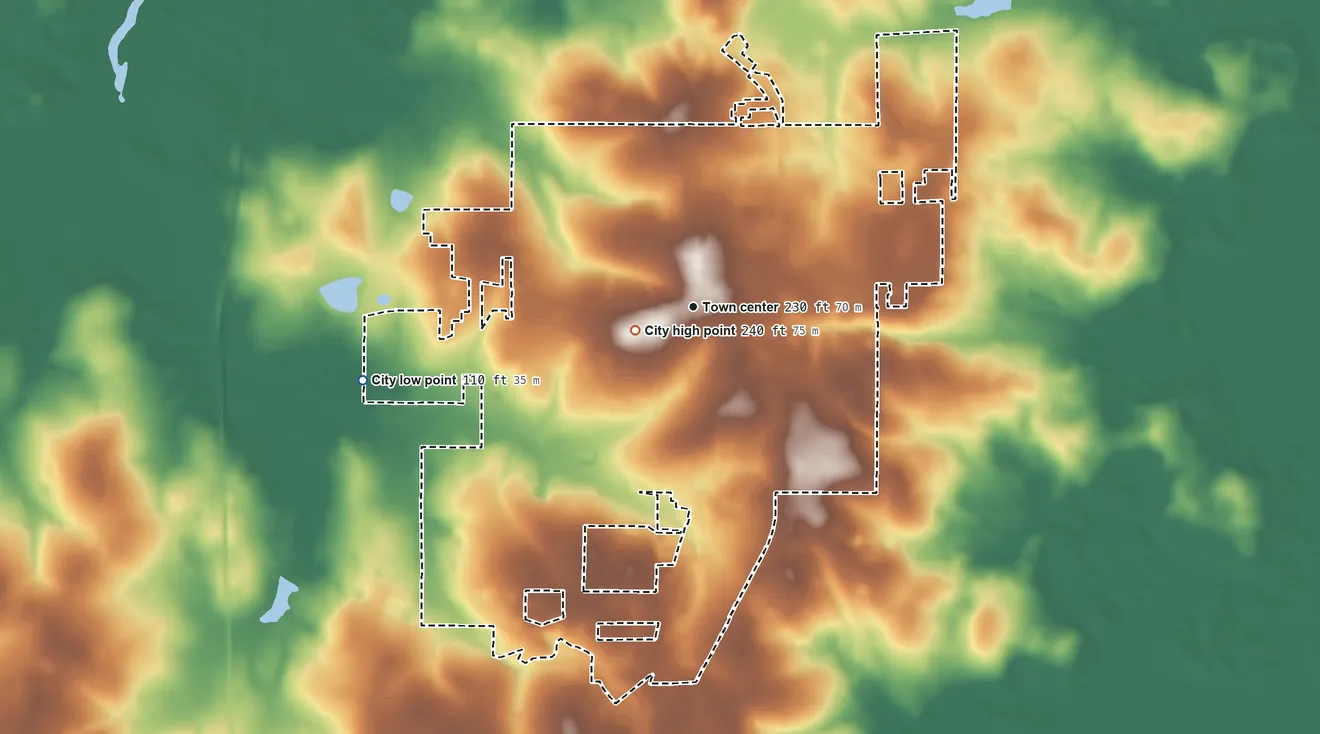 Topographic elevation map of Monticello, Florida, shaded from 110 ft on the west side to 240 ft near the middle