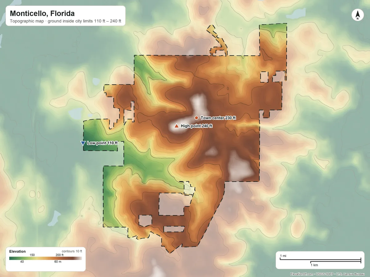 Topographic elevation map of Monticello, Florida, shaded from 110 ft on the west side to 240 ft near the middle
