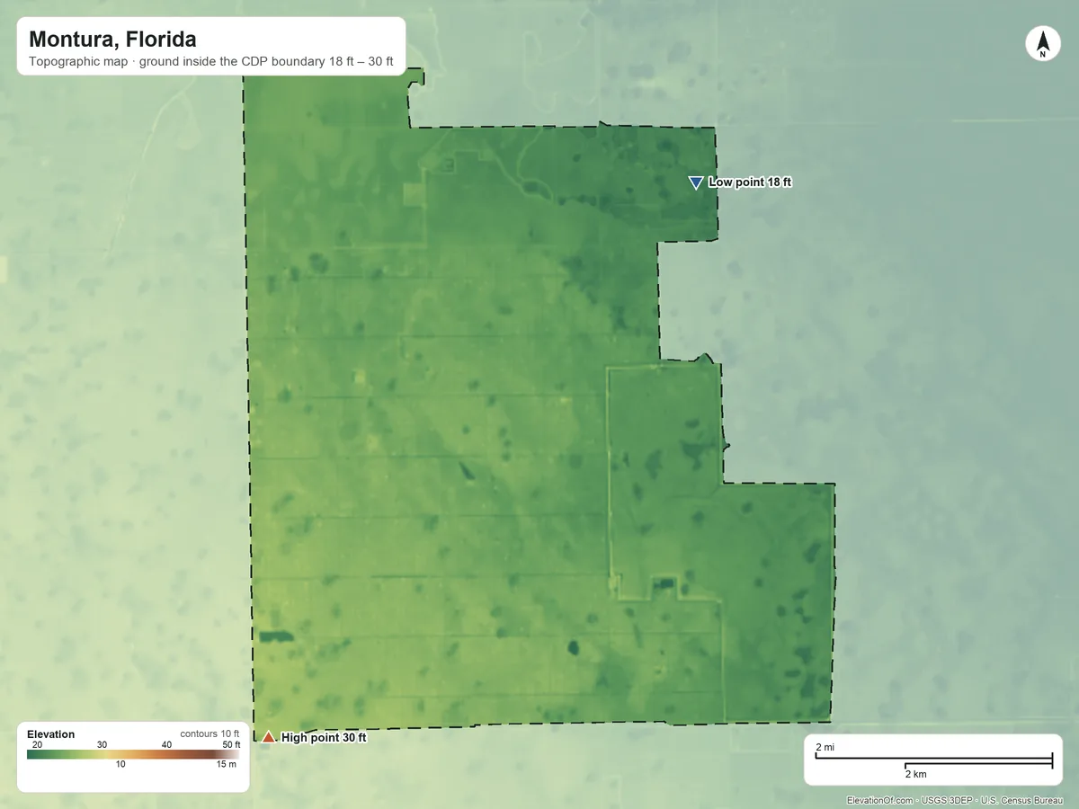Topographic elevation map of Montura, Florida, shaded from 18 ft on the northeast side to 30 ft on the southwest side