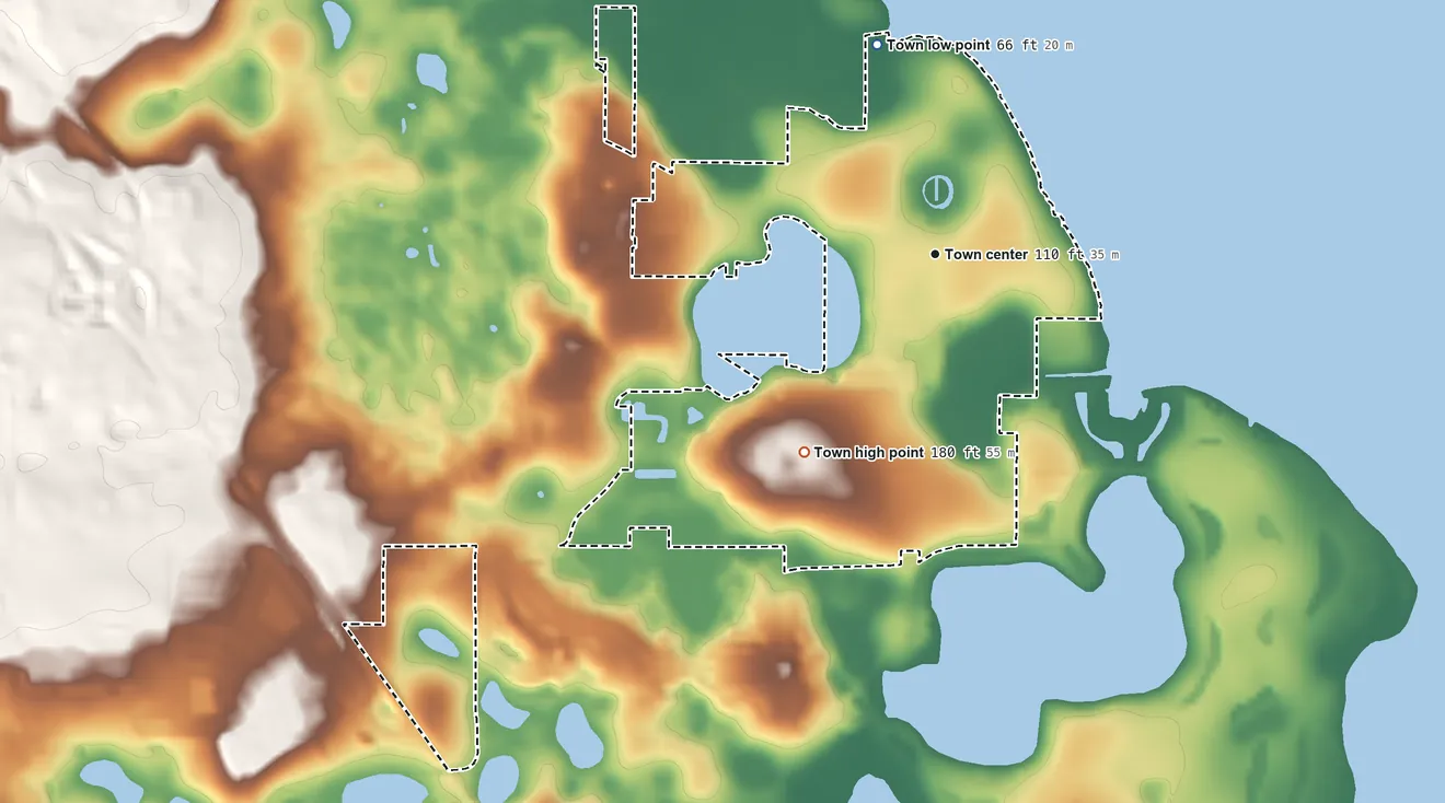 Topographic elevation map of Montverde, Florida, shaded from 66 ft on the north side to 180 ft on the southwest side