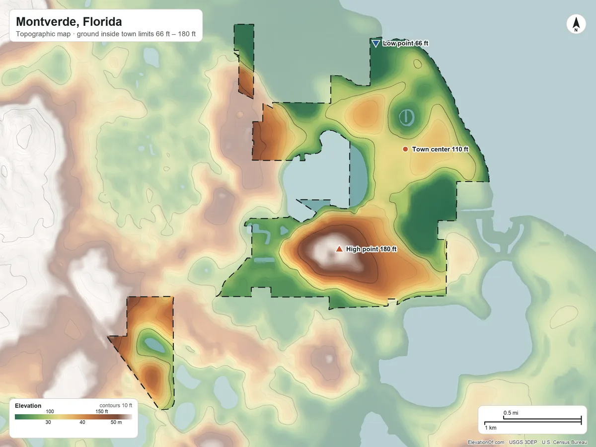 Topographic elevation map of Montverde, Florida, shaded from 66 ft on the north side to 180 ft on the southwest side
