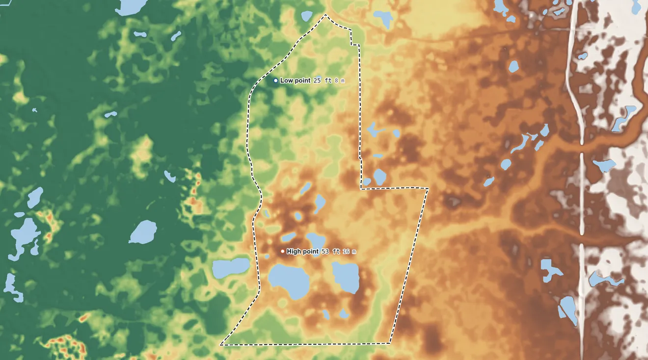Topographic elevation map of Moon Lake, Florida, shaded from 25 ft on the north side to 53 ft on the south side