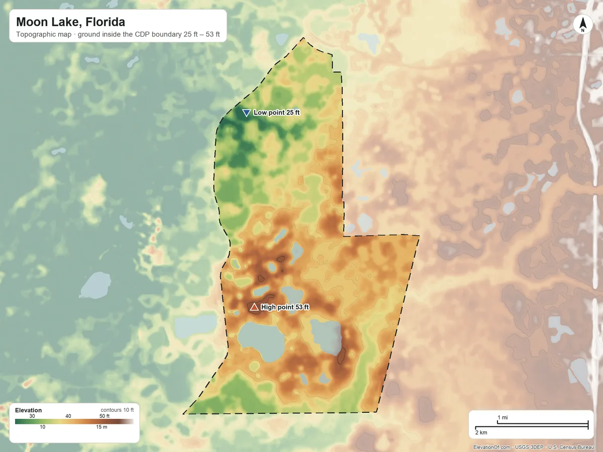 Topographic elevation map of Moon Lake, Florida, shaded from 25 ft on the north side to 53 ft on the south side