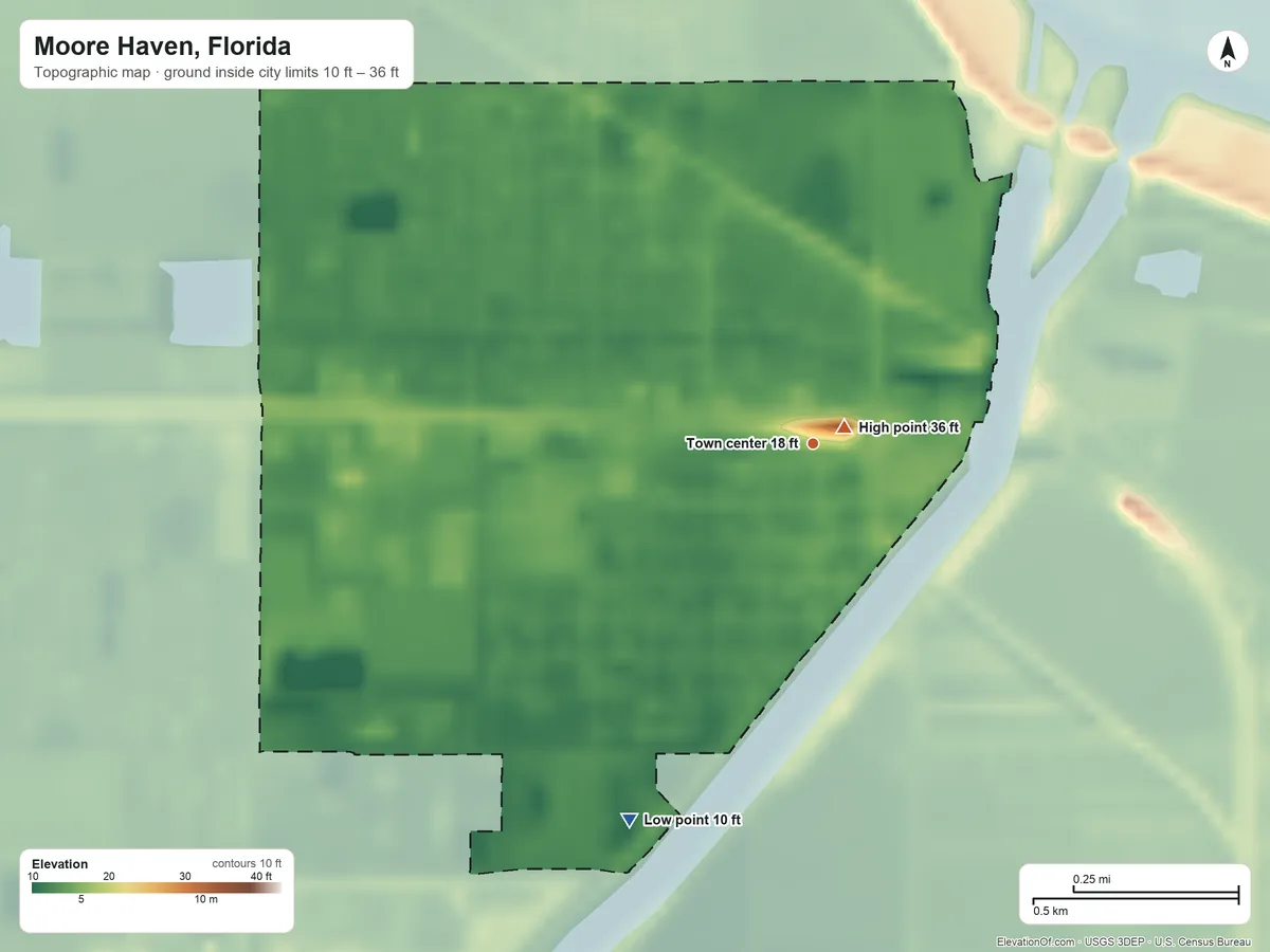 Topographic elevation map of Moore Haven, Florida, shaded from 10 ft on the southwest side to 36 ft near the middle