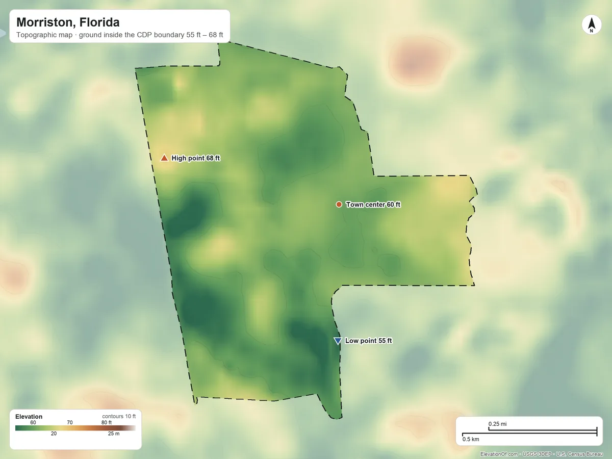 Topographic elevation map of Morriston, Florida, shaded from 55 ft on the south side to 68 ft on the west side